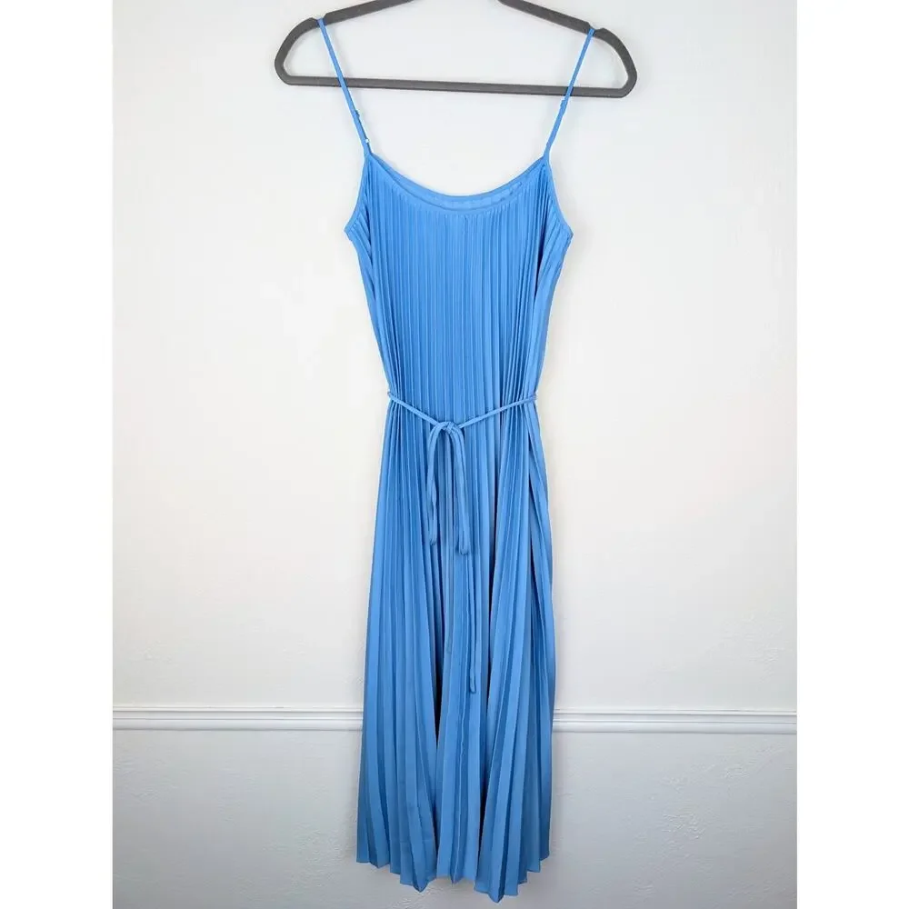 Vince Relaxed Plisse Dress Midi Accordion Pleat Satin Coquette Fairy Blue Size S